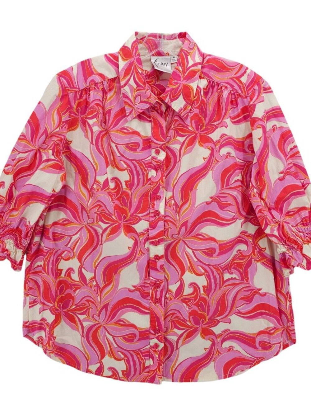 FINLEY Shirt Button Front Smocked Half Sleeve Colorful Floral 100% Cotton MEDIUM